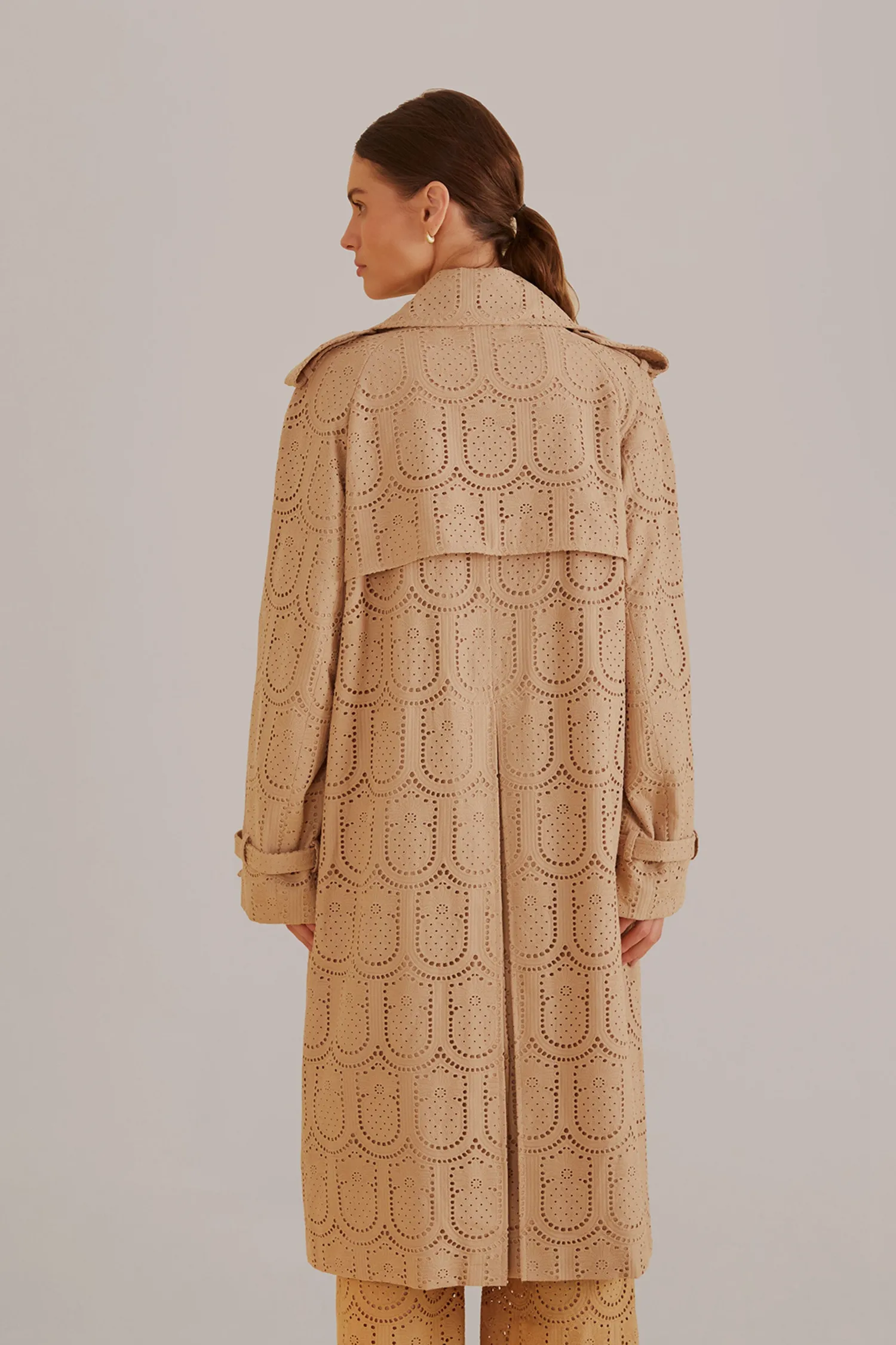 FARM Rio KHAKI PINEAPPLE COTTON EYELET TRENCH COAT