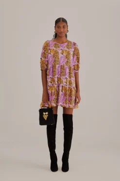 FARM Rio  LAVENDER TIGER LEAVES PUFF SLEEVE MINI DRESS
