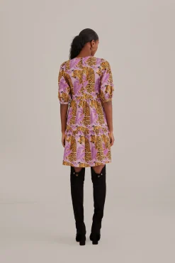 FARM Rio  LAVENDER TIGER LEAVES PUFF SLEEVE MINI DRESS