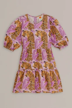 FARM Rio  LAVENDER TIGER LEAVES PUFF SLEEVE MINI DRESS
