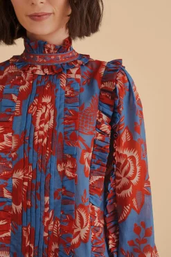 FARM Rio  LIGHT BLUE LACE GARDEN RUFFLE BLOUSE