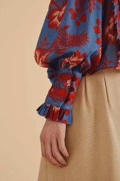 FARM Rio  LIGHT BLUE LACE GARDEN RUFFLE BLOUSE