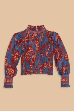 FARM Rio  LIGHT BLUE LACE GARDEN RUFFLE BLOUSE