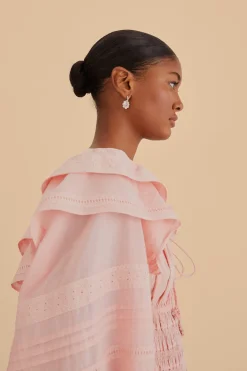 FARM Rio  LIGHT PINK LONG SLEEVE SMOCKED MIDI DRESS