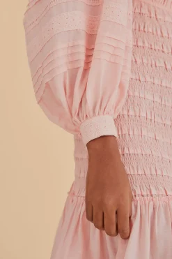 FARM Rio  LIGHT PINK LONG SLEEVE SMOCKED MIDI DRESS