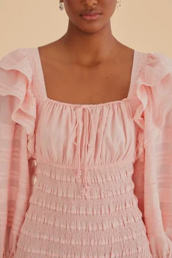 FARM Rio  LIGHT PINK LONG SLEEVE SMOCKED MIDI DRESS