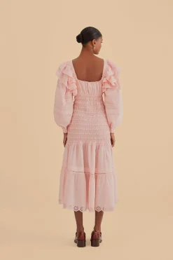 FARM Rio  LIGHT PINK LONG SLEEVE SMOCKED MIDI DRESS