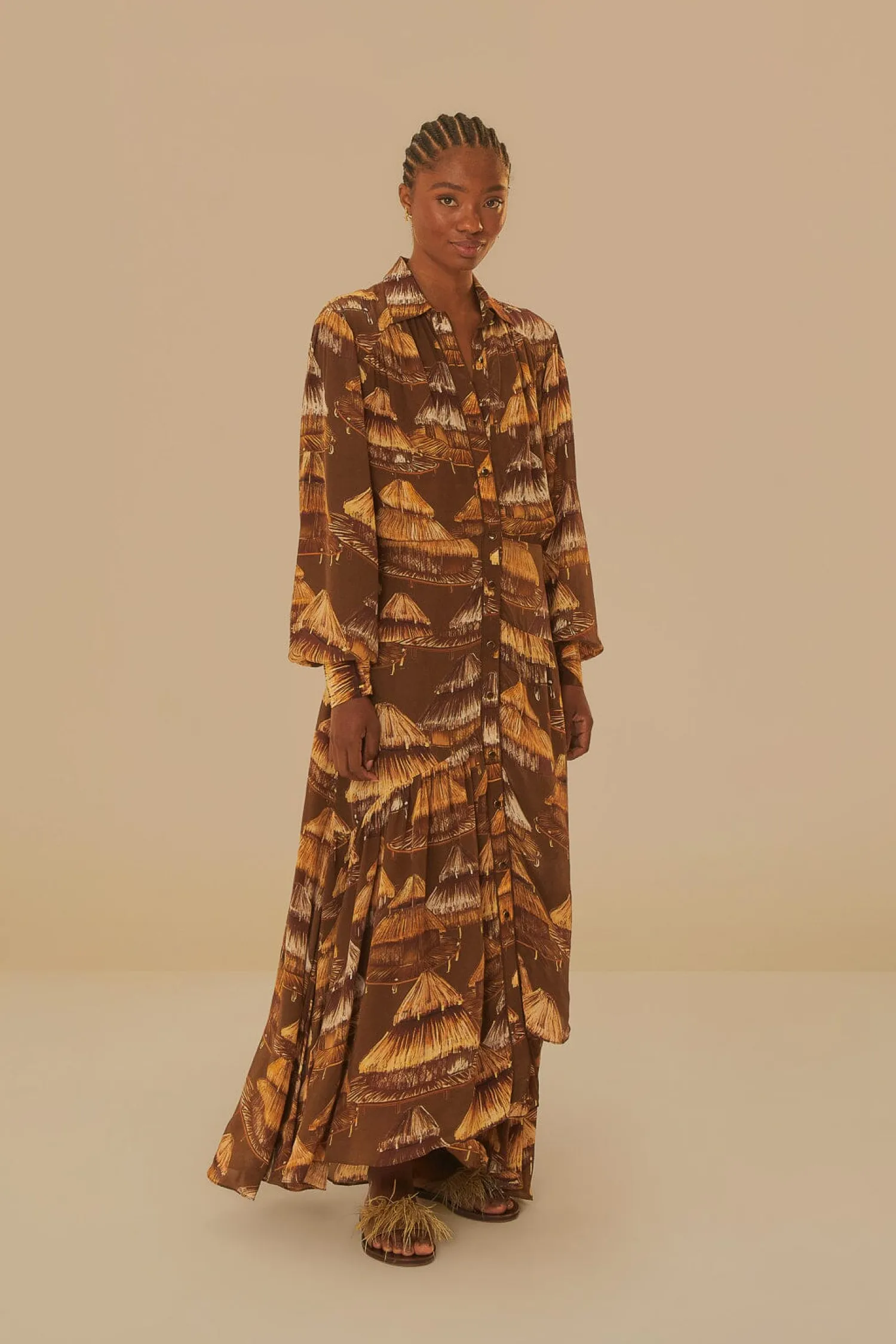 FARM Rio MALOCAS BEIGE LONG SLEEVE MIDI DRESS