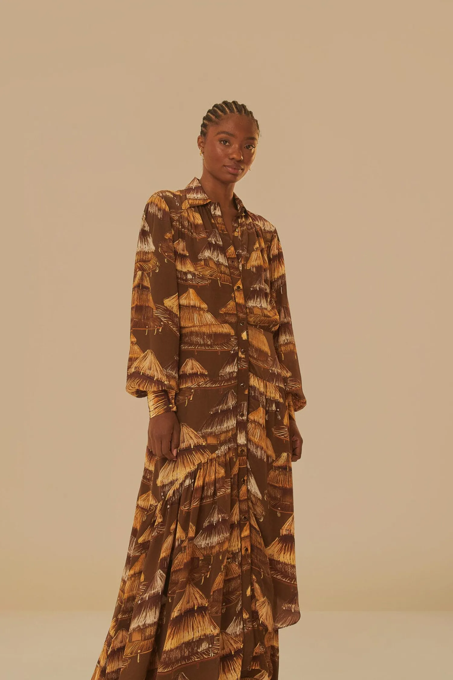 FARM Rio MALOCAS BEIGE LONG SLEEVE MIDI DRESS