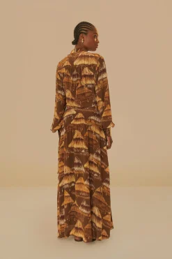 FARM Rio MALOCAS BEIGE LONG SLEEVE MIDI DRESS