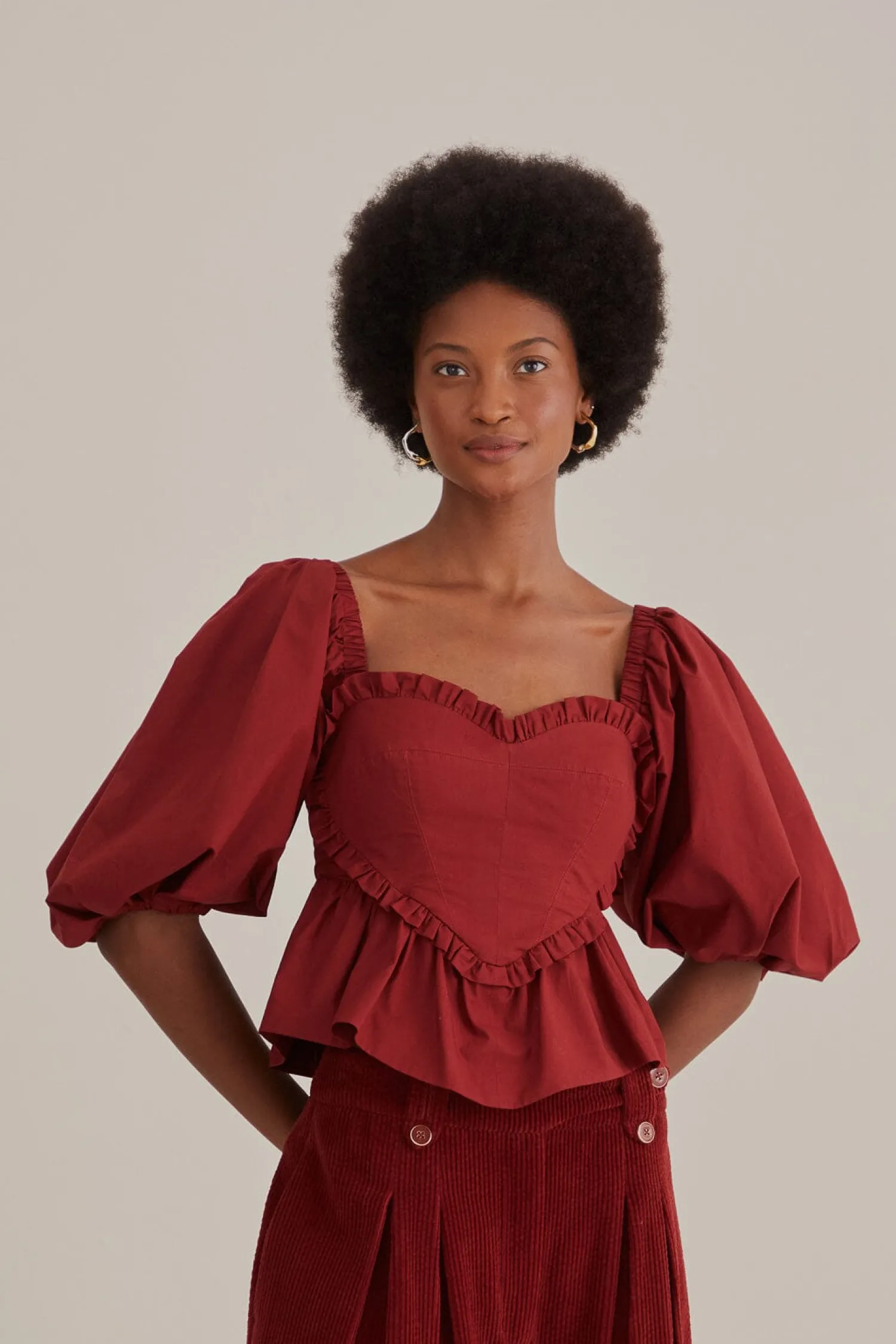 FARM Rio MARSALA HEART SHAPED PUFF SLEEVE BLOUSE
