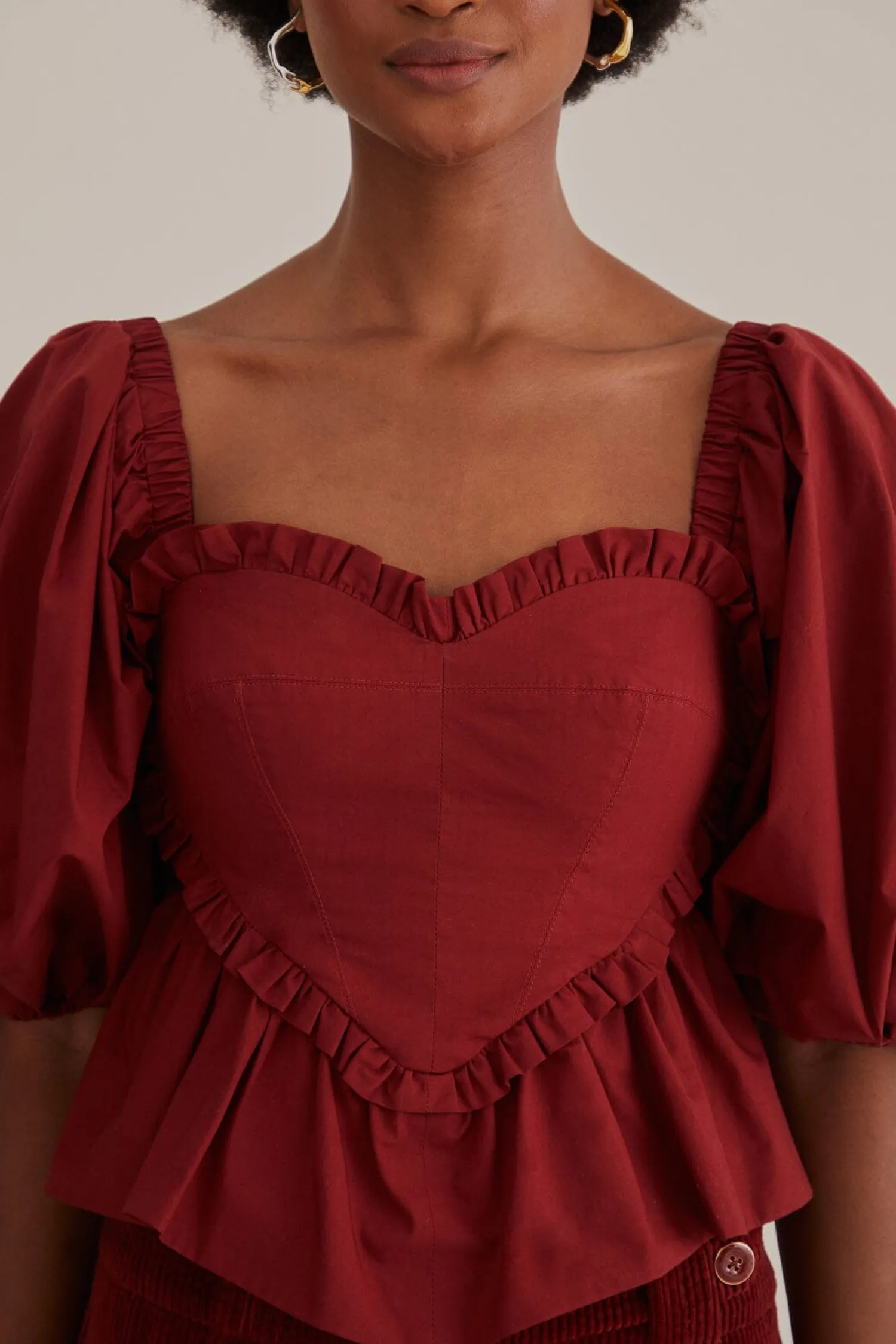 FARM Rio MARSALA HEART SHAPED PUFF SLEEVE BLOUSE