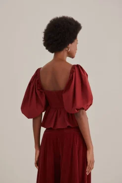 FARM Rio MARSALA HEART SHAPED PUFF SLEEVE BLOUSE
