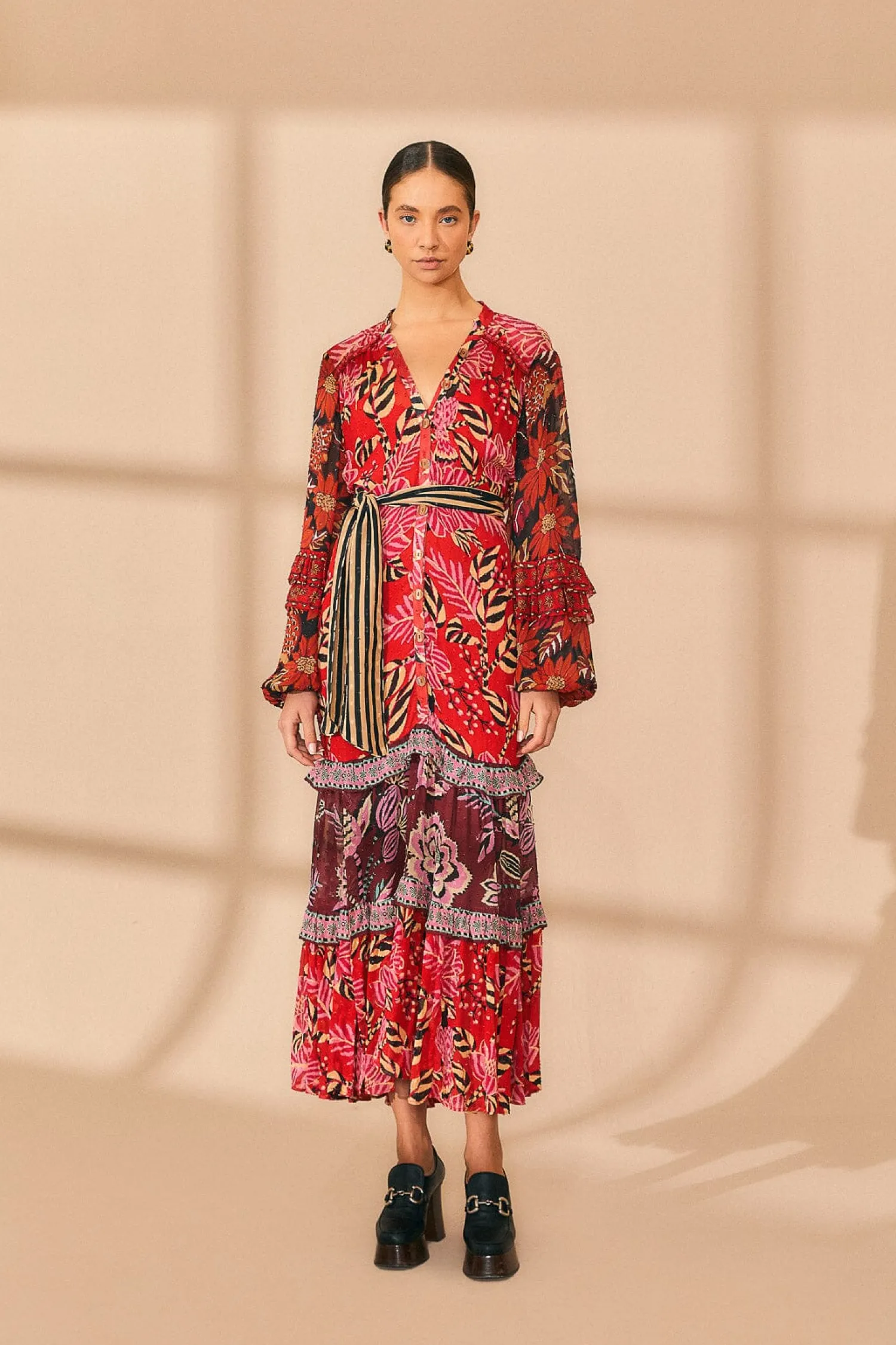 FARM Rio MIXED FLORAL PRINTS LONG SLEEVE MAXI DRESS