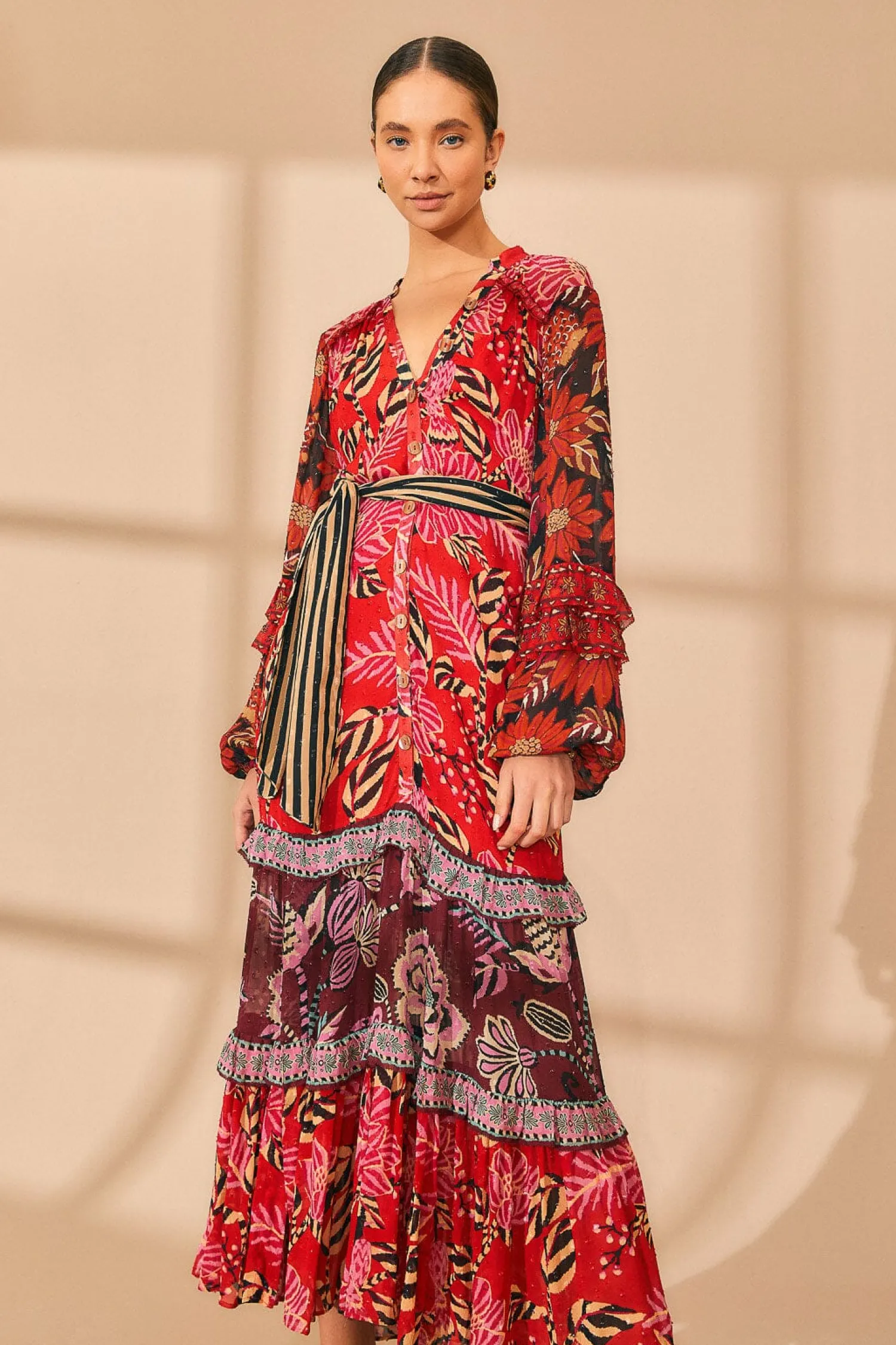 FARM Rio MIXED FLORAL PRINTS LONG SLEEVE MAXI DRESS