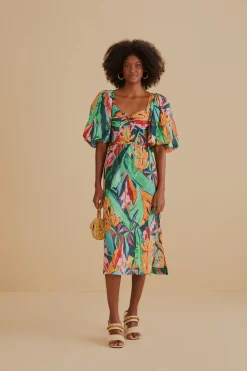 FARM Rio MULTICOLOR BANANA FOLIAGE PUFF SLEEVE MIDI DRESS