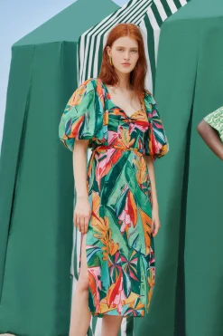 FARM Rio  MULTICOLOR BANANA FOLIAGE PUFF SLEEVE MIDI DRESS