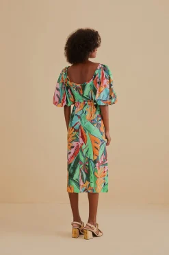 FARM Rio  MULTICOLOR BANANA FOLIAGE PUFF SLEEVE MIDI DRESS