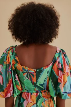FARM Rio  MULTICOLOR BANANA FOLIAGE PUFF SLEEVE MIDI DRESS