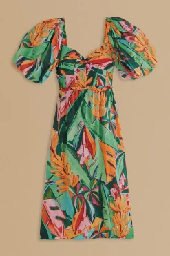 FARM Rio  MULTICOLOR BANANA FOLIAGE PUFF SLEEVE MIDI DRESS