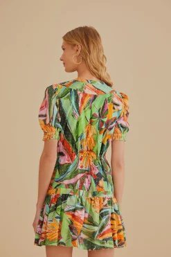 FARM Rio  MULTICOLOR BANANA FOLIAGE SHORT SLEEVE MINI DRESS