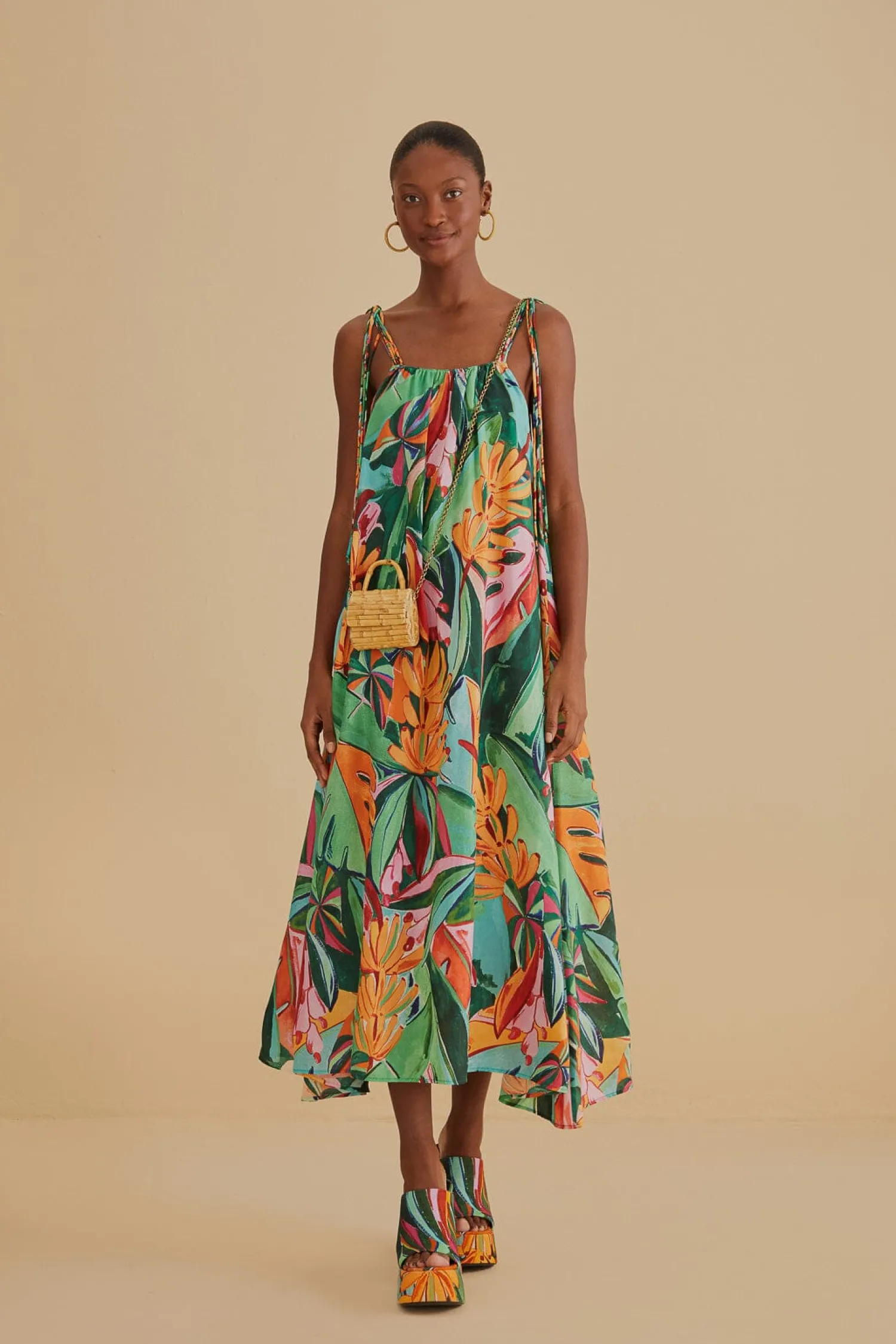 FARM Rio MULTICOLOR BANANA FOLIAGE SLEEVELESS MIDI DRESS