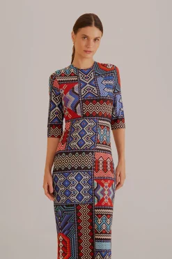 FARM Rio MULTICOLOR RAUTI SHORT SLEEVE MIDI DRESS