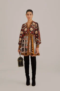 FARM Rio MULTICOLOR TAPESTRY GARDEN V NECK MINI DRESS