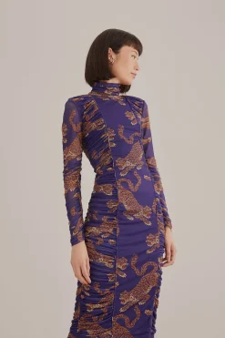 FARM Rio NAVY BLUE LEOPARDS HIGH NECK MIDI DRESS