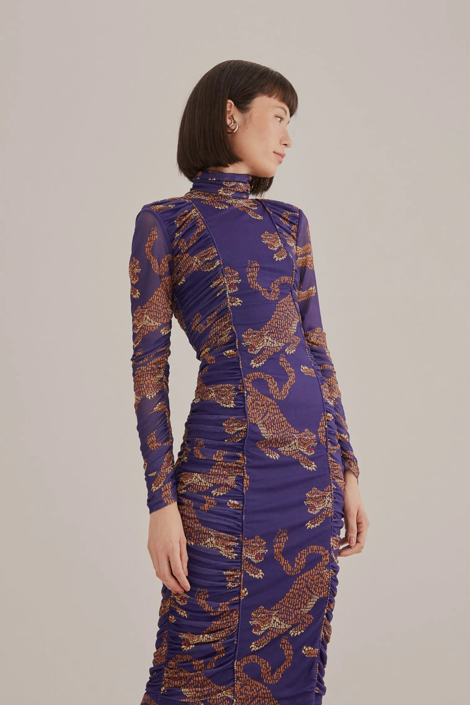 FARM Rio NAVY BLUE LEOPARDS HIGH NECK MIDI DRESS