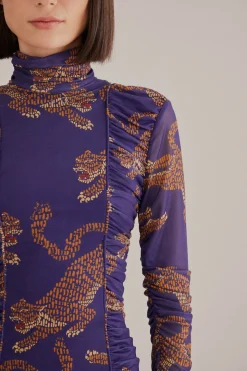 FARM Rio NAVY BLUE LEOPARDS HIGH NECK MIDI DRESS