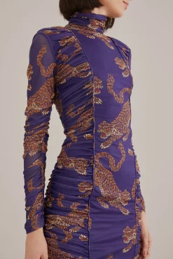 FARM Rio NAVY BLUE LEOPARDS HIGH NECK MIDI DRESS
