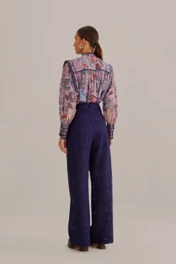 FARM Rio NAVY BLUE PINEAPPLE EYELET PANTS