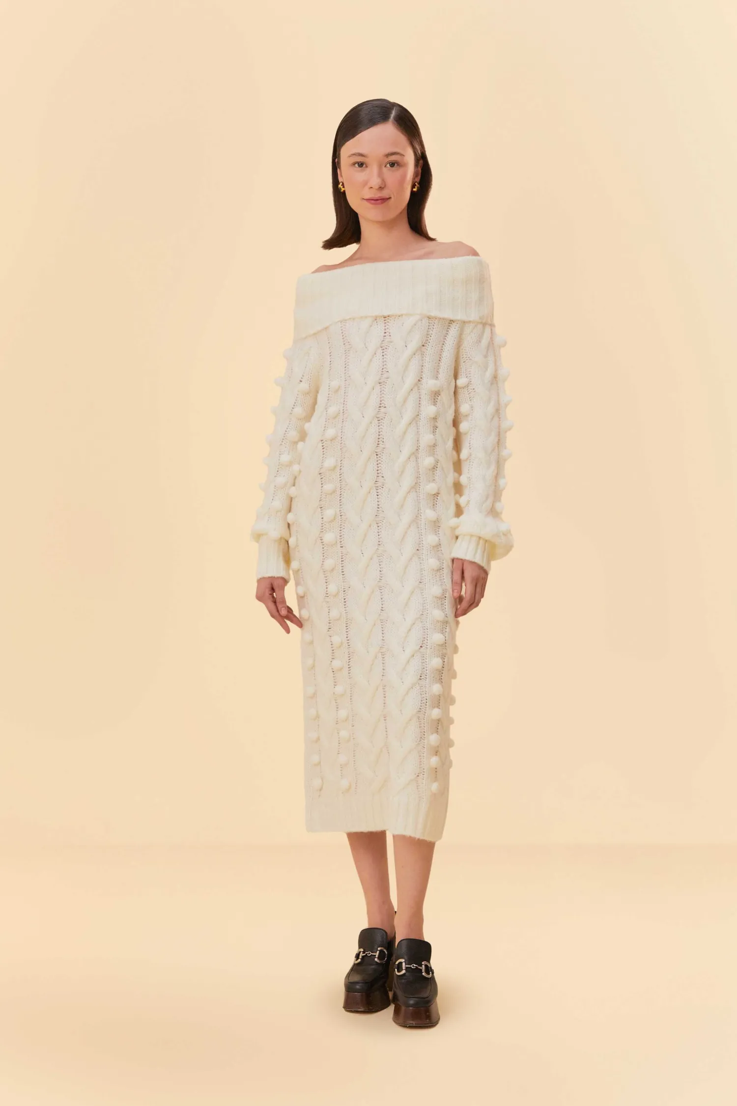 FARM Rio OFF-WHITE BRAIDED MIDI SWEATER DRESS