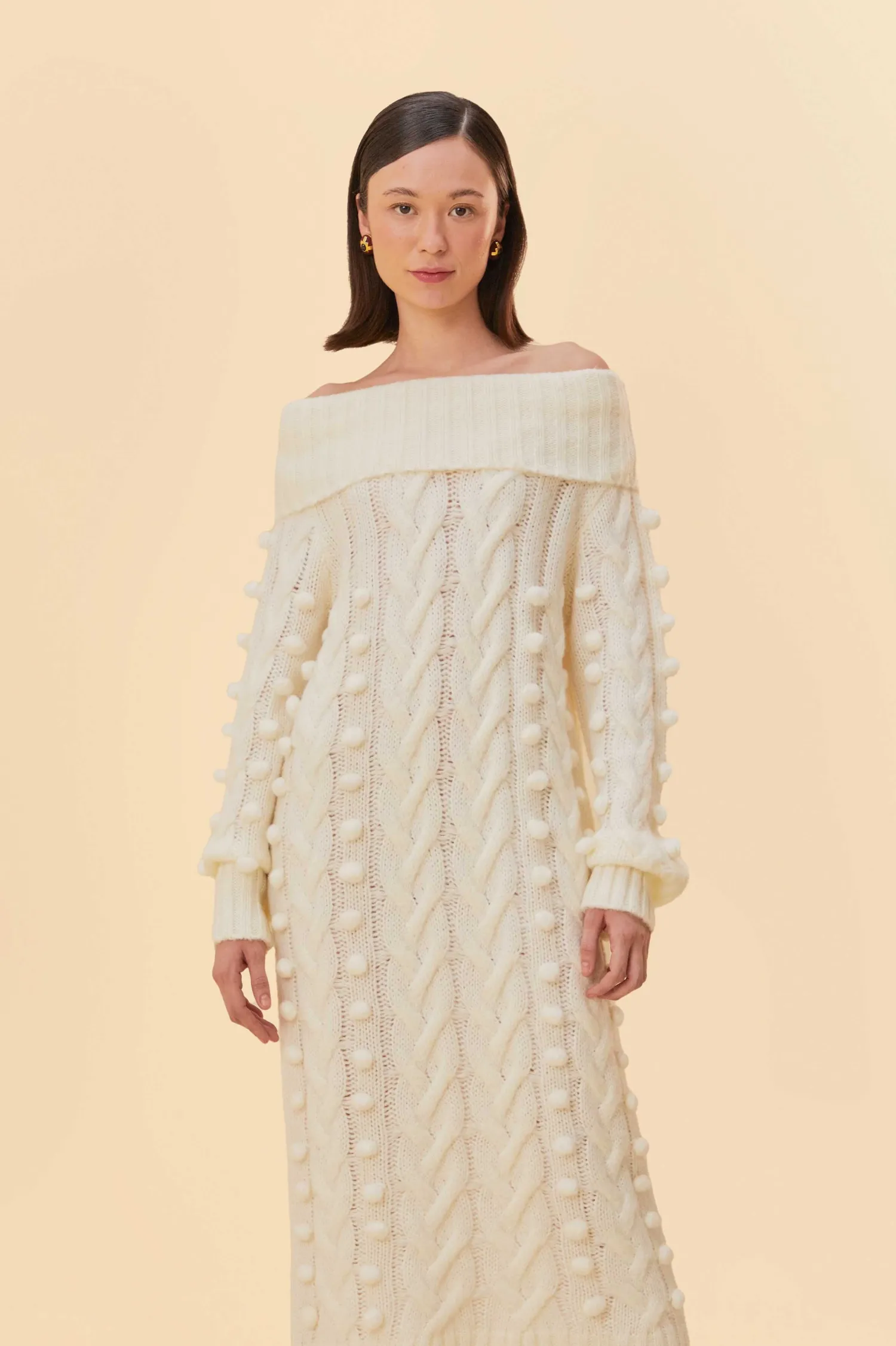 FARM Rio OFF-WHITE BRAIDED MIDI SWEATER DRESS