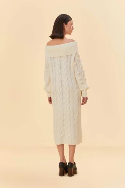 FARM Rio OFF-WHITE BRAIDED MIDI SWEATER DRESS