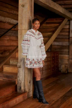 FARM Rio  OFF-WHITE EMBROIDERED HORSES RUFFLE MINI DRESS
