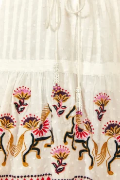 FARM Rio  OFF-WHITE EMBROIDERED HORSES RUFFLE MINI DRESS