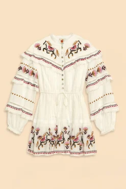 FARM Rio  OFF-WHITE EMBROIDERED HORSES RUFFLE MINI DRESS