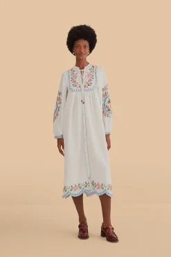 FARM Rio OFF-WHITE EMBROIDERED MIDI DRESS