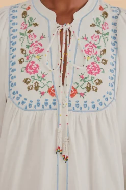 FARM Rio OFF-WHITE EMBROIDERED MIDI DRESS