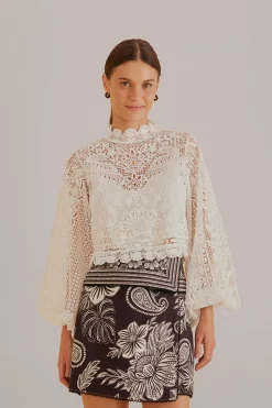 FARM Rio  OFF-WHITE GUIPURE LONG SLEEVE BLOUSE