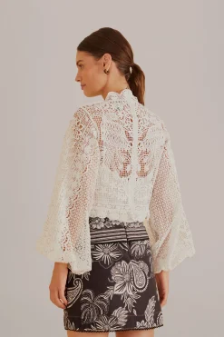 FARM Rio  OFF-WHITE GUIPURE LONG SLEEVE BLOUSE