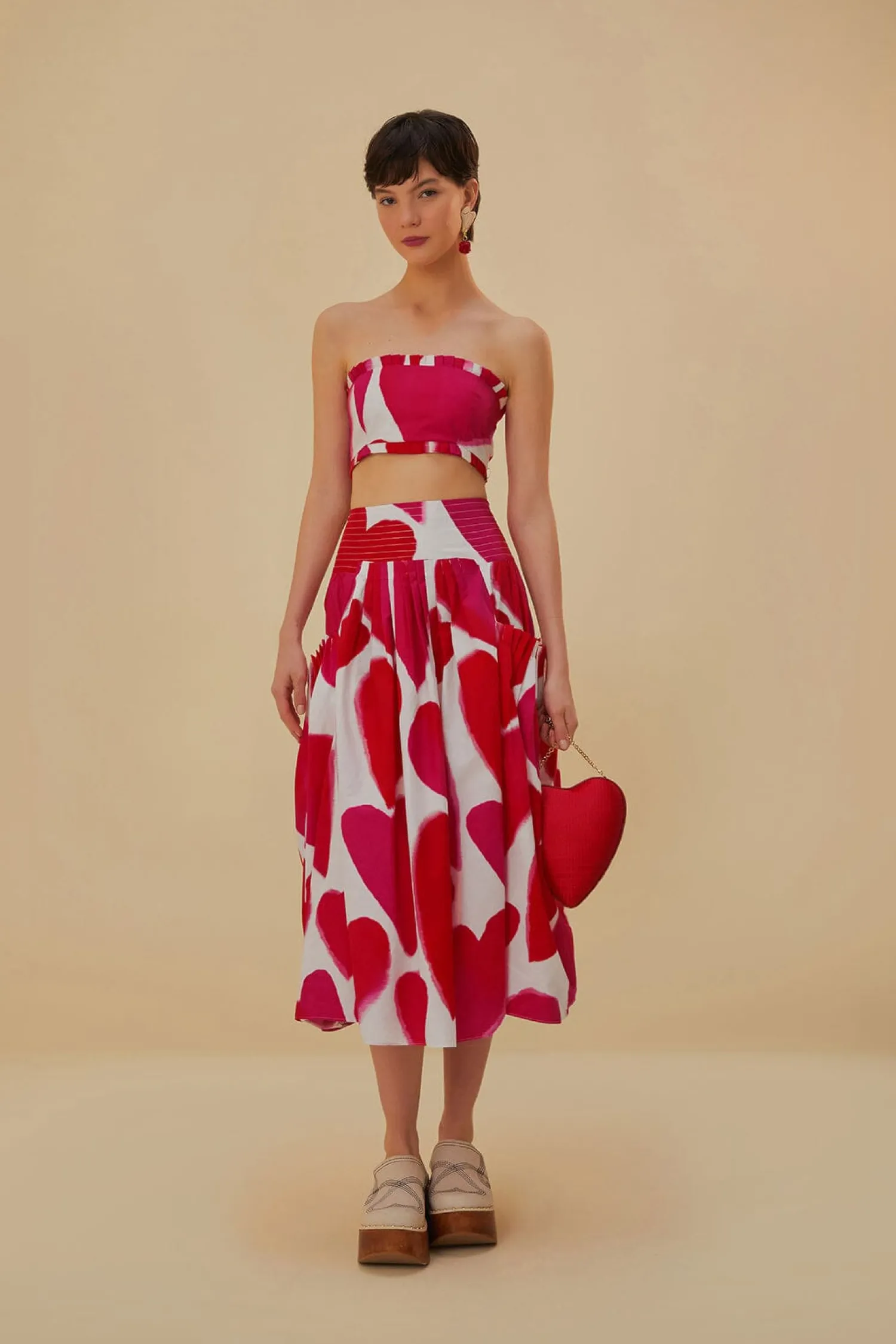 FARM Rio OFF-WHITE PAINTED HEARTS MIDI SKIRT