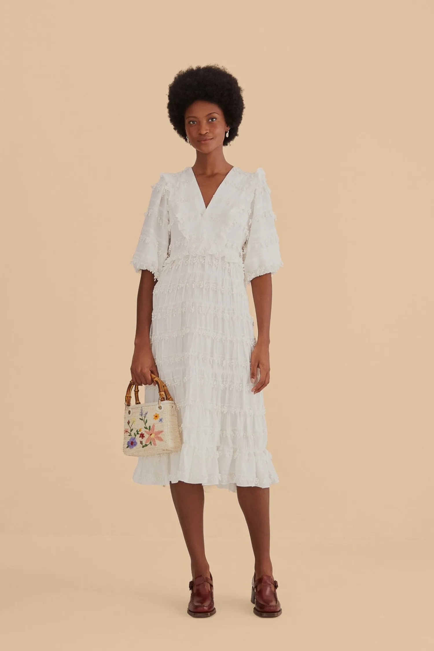FARM Rio OFF-WHITE RUFFLE TASSELS MIDI DRESS