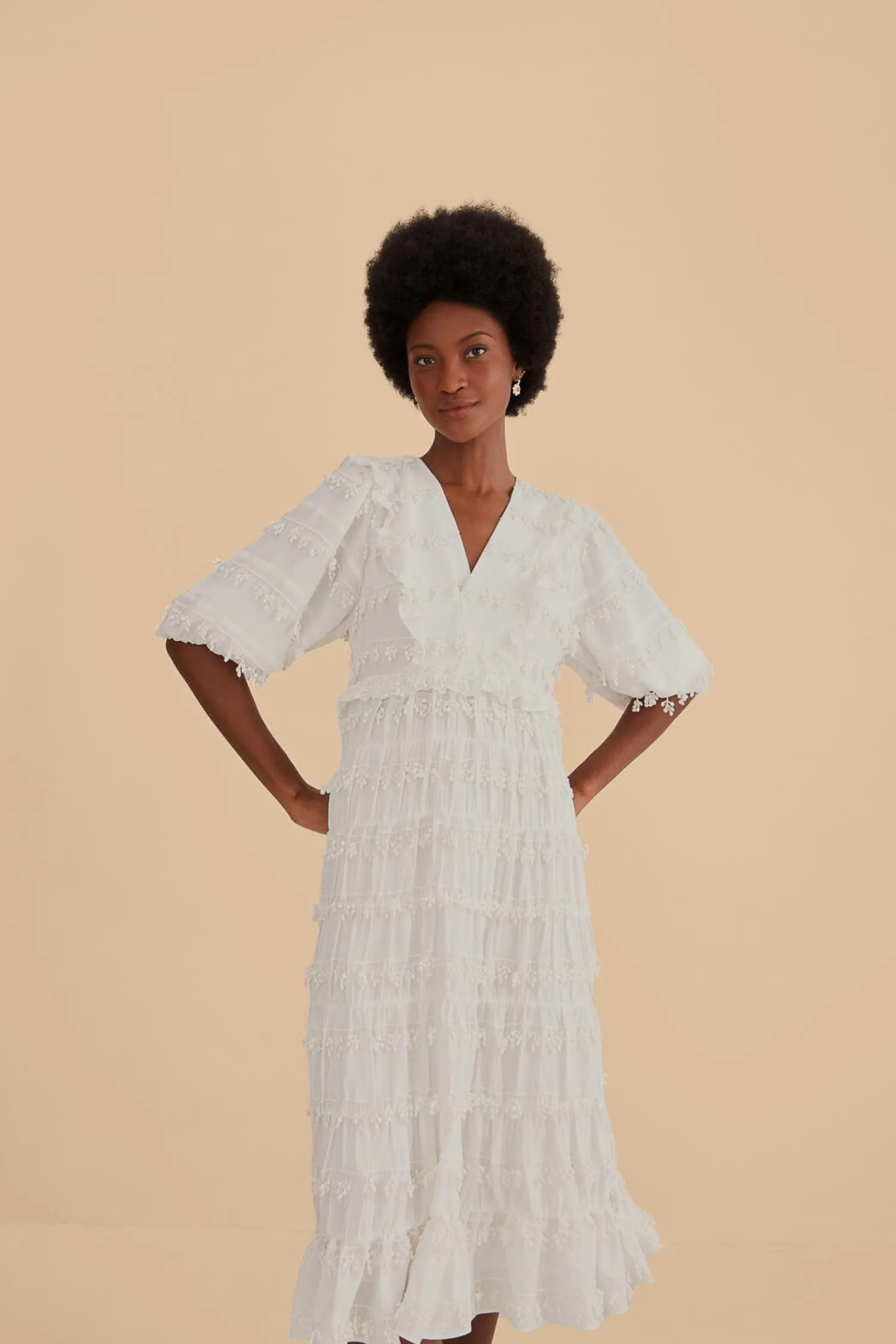 FARM Rio OFF-WHITE RUFFLE TASSELS MIDI DRESS