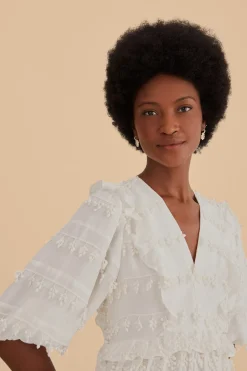 FARM Rio OFF-WHITE RUFFLE TASSELS MIDI DRESS