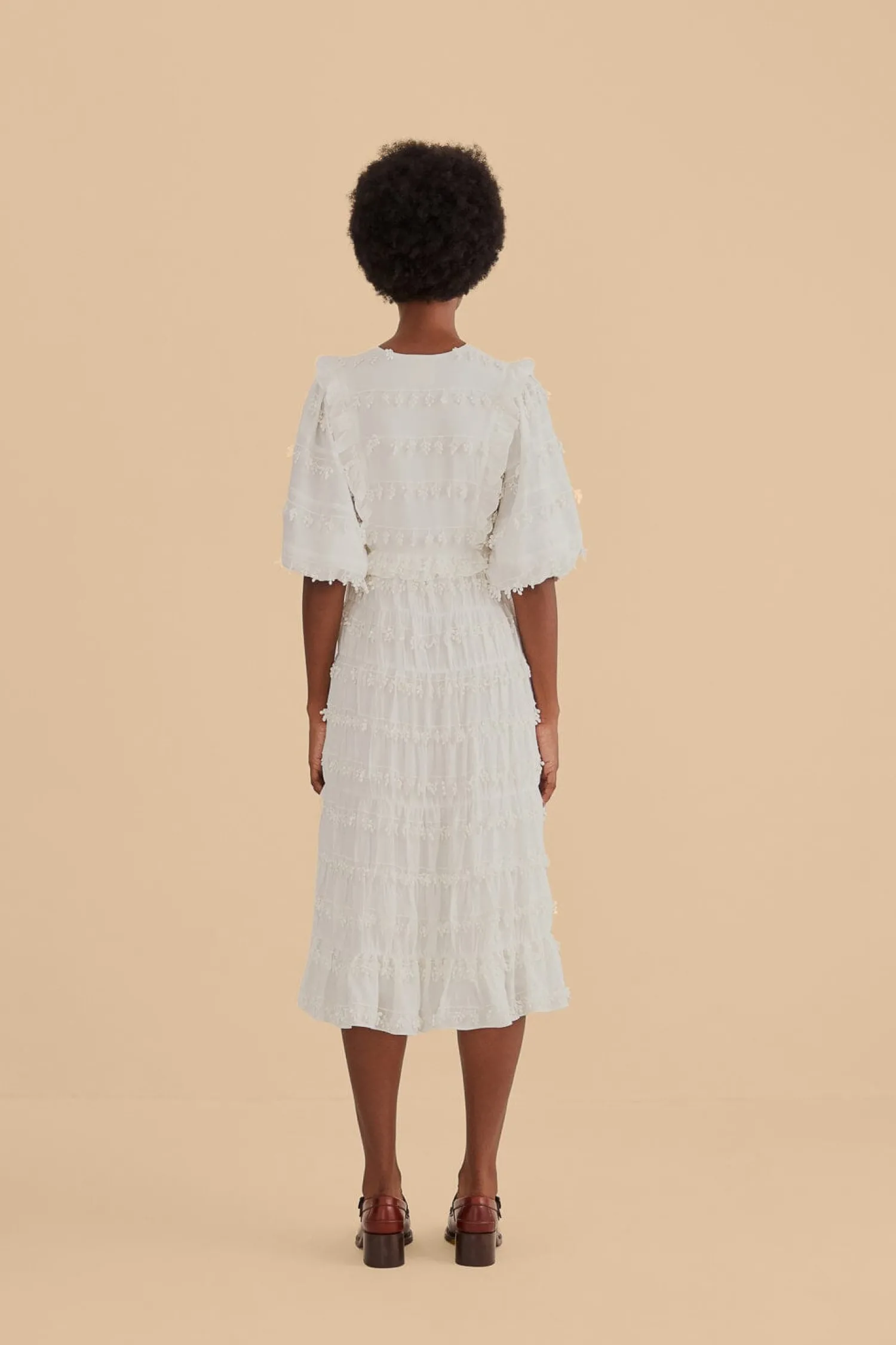 FARM Rio OFF-WHITE RUFFLE TASSELS MIDI DRESS