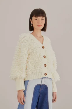 FARM Rio  OFF-WHITE TEXTURED V NECK CARDIGAN