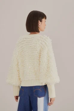 FARM Rio  OFF-WHITE TEXTURED V NECK CARDIGAN